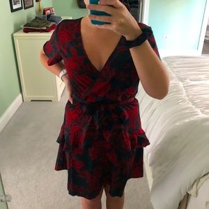 Amazon dress size 4, dark charcoal/black with red flowers and tie.